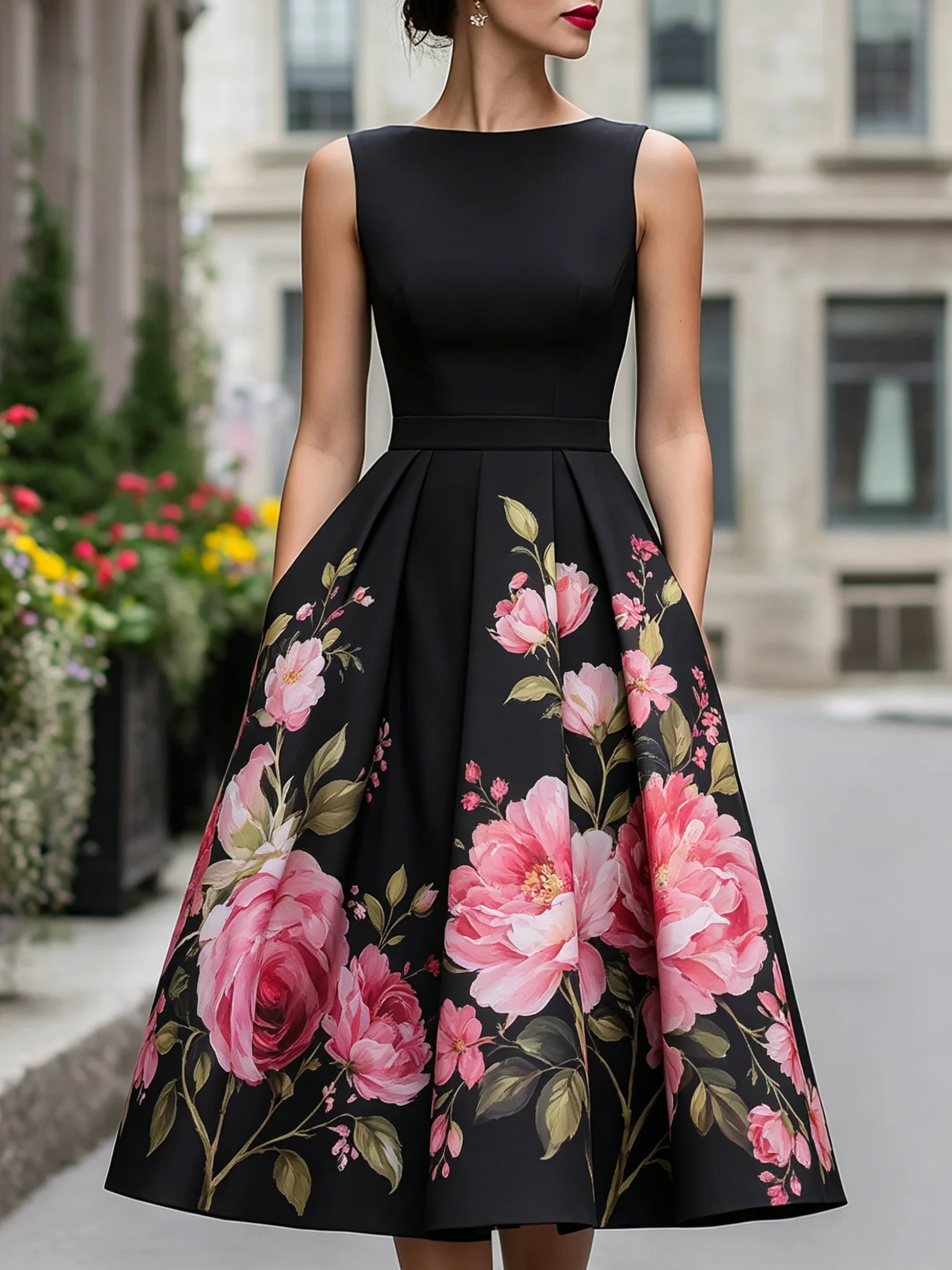 Elegantes Sommerkleid mit Blumenmuster für Damen, A-Linie, Midi-Länge, lässig, für den Alltag, Urlaub, trendig, ärmellos, figurbetont, sexy