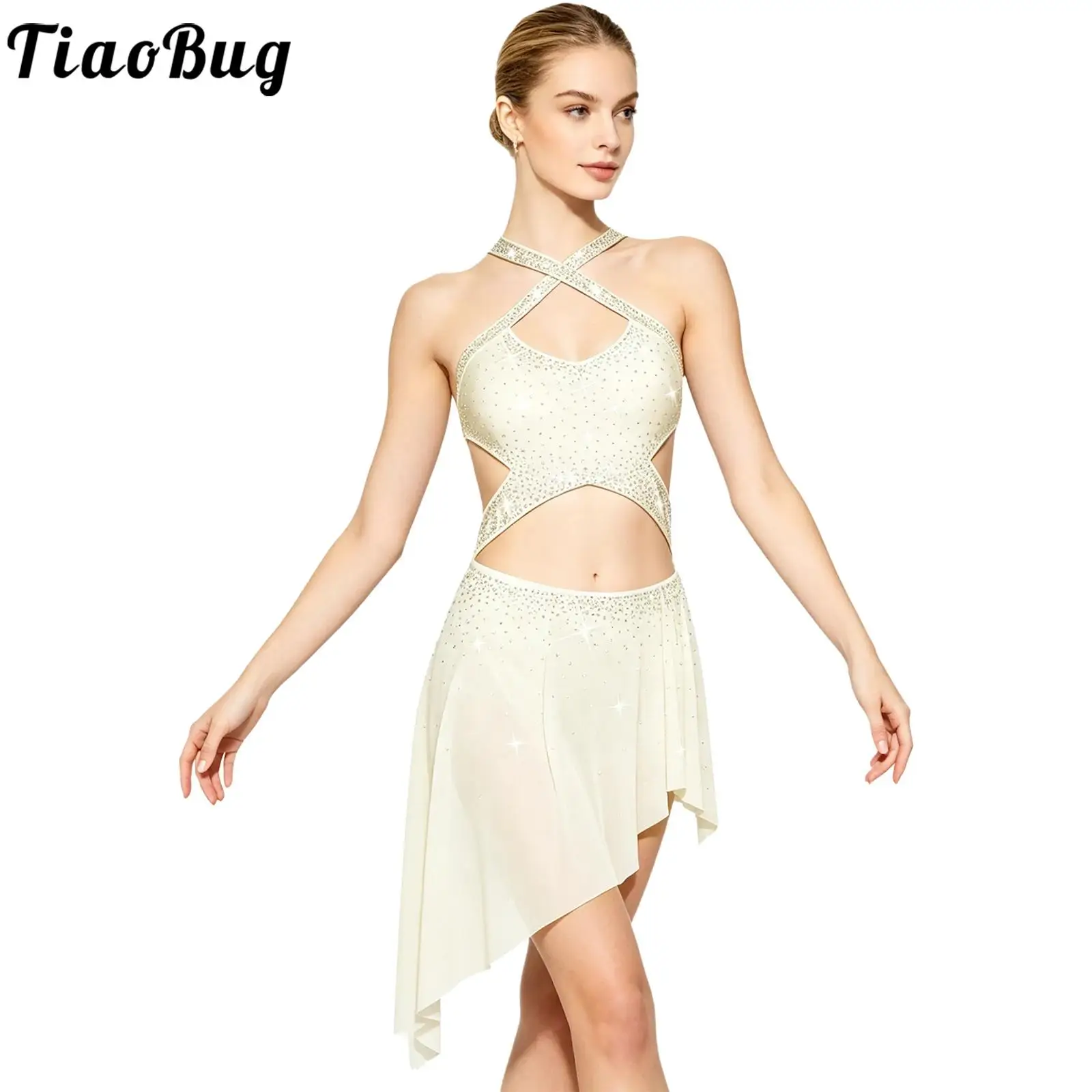 

Women Rhinestones Lyrical Dance Dress Figure Skating Tango Cutout Dress Cross Strap Sleeveless Irregular Mesh Hem Bodysuit Dress