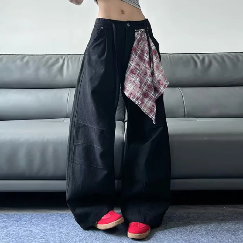 ANJY otoño nuevas mujeres Y2K Jeans a cuadros bolsillo decorativo Denim lavado americano Retro High Street Casual Ins pantalones de pierna ancha A10160