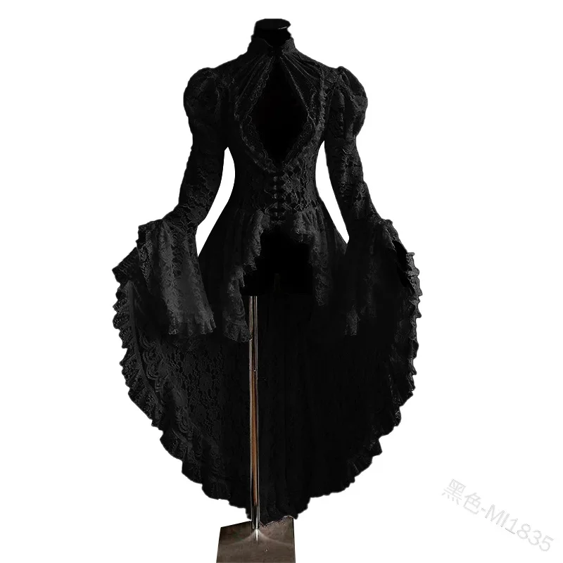 Halloween Cosplay Costumes Vintage Dress Women Medieval Gothic Lace Bandage Black Fancy Maxi Dress Vestidos Longo Dropshipping