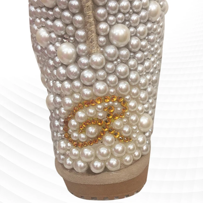 Large size heavy industry drill pearl party wedding fur one snow boots hand custom casual women\'s cotton shoes 35-44