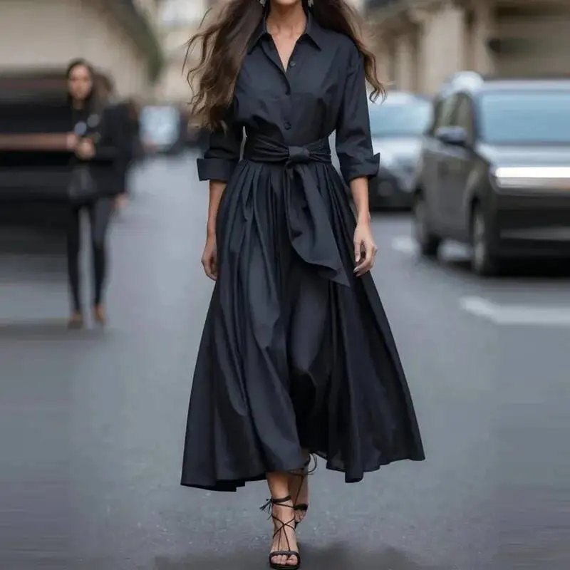 Feminino casual manga sólida longa moda lapela drapeado robe camisa elegante único breasted amarrar cintura vestido de festa