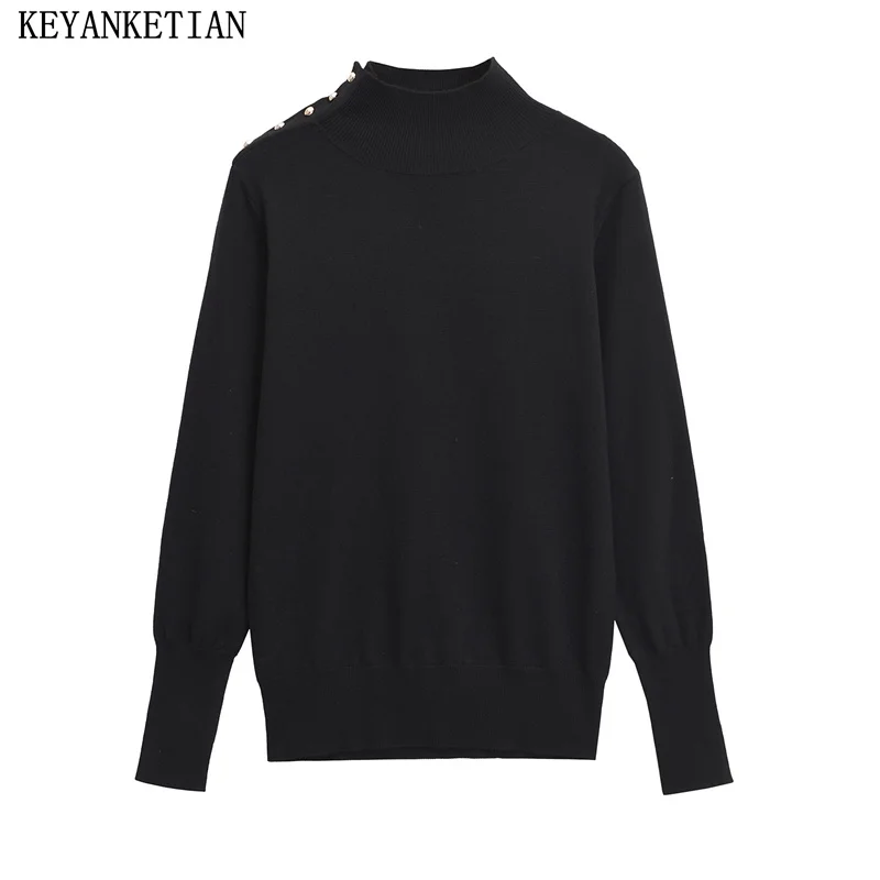 

KEYANKETIAN 2024 New Launch Women's Buttons Epaulette Decoration Basic Knit Pullover Simply Mock Neck Long Sleeve Knitted Top