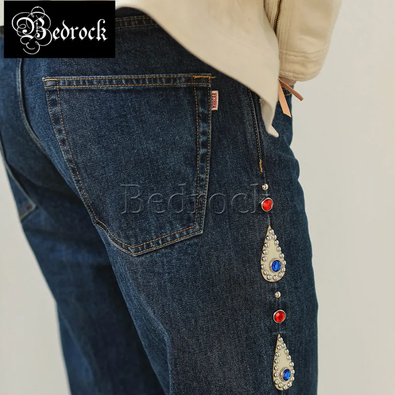 MBBCAR 14.4oz Selvedge Denim Jeans flare pants for men Hippy Vintage one washed Blue bell-bottom trousers Rivet Set Diamond Rock