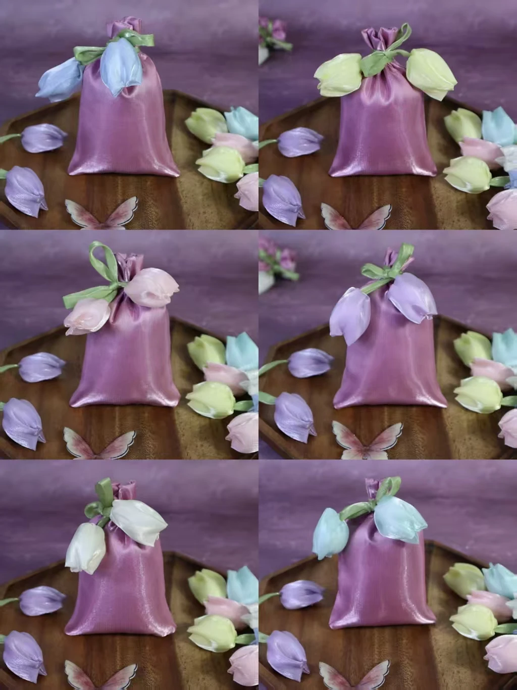 10 x 15 cm, 10 Stück, leicht, tragbar, glatter Griff, neue Kordelzugbeutel aus Wassersilke, Blumenfarbe, zufällige Lieferung – Detail 1