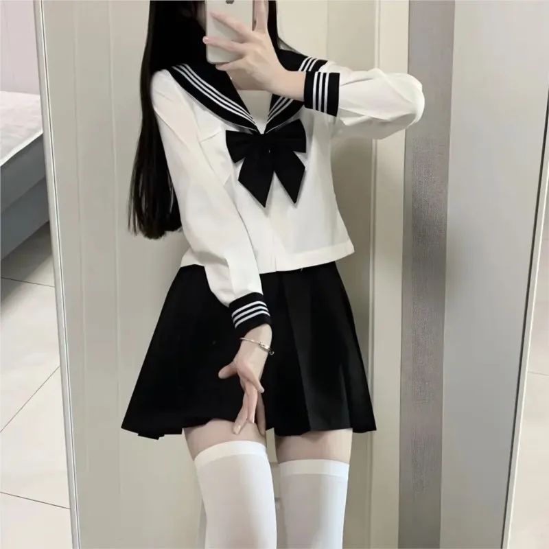 JK uniforme escolar de líneas blancas y cuello negro para niña, trajes de marinero plisados, ropa de estilo japonés, disfraces de Anime COS