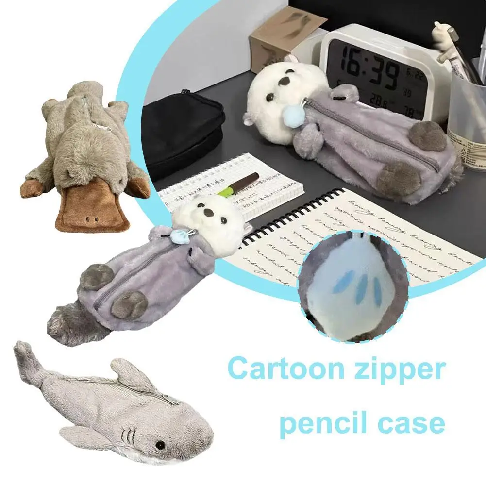 New Cute Plush Ocean Shark Capybara Animal Pencil Bag Portable Large Capacity Stationery Storage Bag