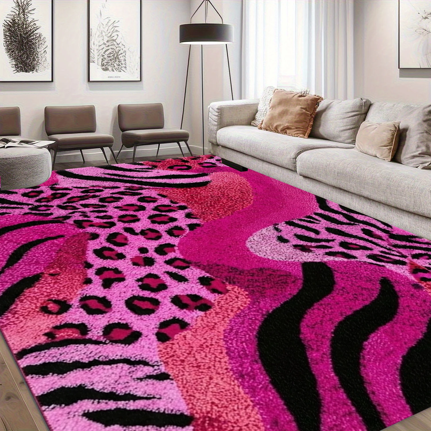 Bright Pink Leopard Zebra Print Area Rug Non‑Slip Soft Floor Carpet for Bedroom Living Room Home Decoration
