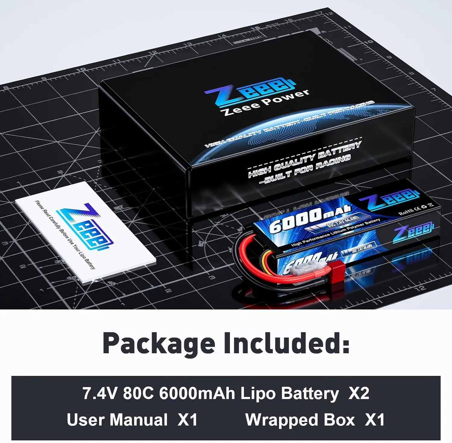 Zeee-Batterie Lipo 6000mAh 2S 80C 7.4V avec Prise Deans, Boîtier Rigide pour Voiture RC, Véhicule, Camion Précieux Slash Truggy, 1/2 Unités