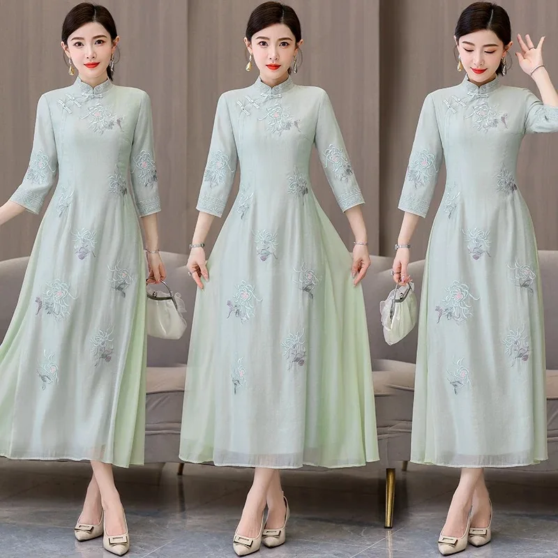 

Летнее женское традиционное платье Aodai Cheongsam с восточной вышивкой, вечернее платье, костюмы для танцевальных выступлений
