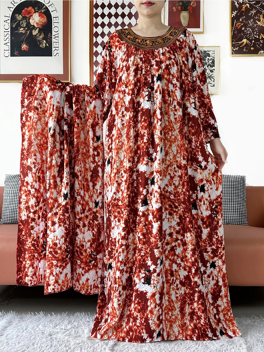 

2026 Fashion Women Abaya Embroidered Tie-dye O-neck Cotton Women Loose Abaya Boho Maxi Dress Casual Dress African Vestidos