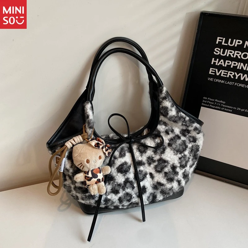 Bolso de mano de leopardo coreano Miniso, bolso de hombro con asa de lazo de felpa para ir al trabajo