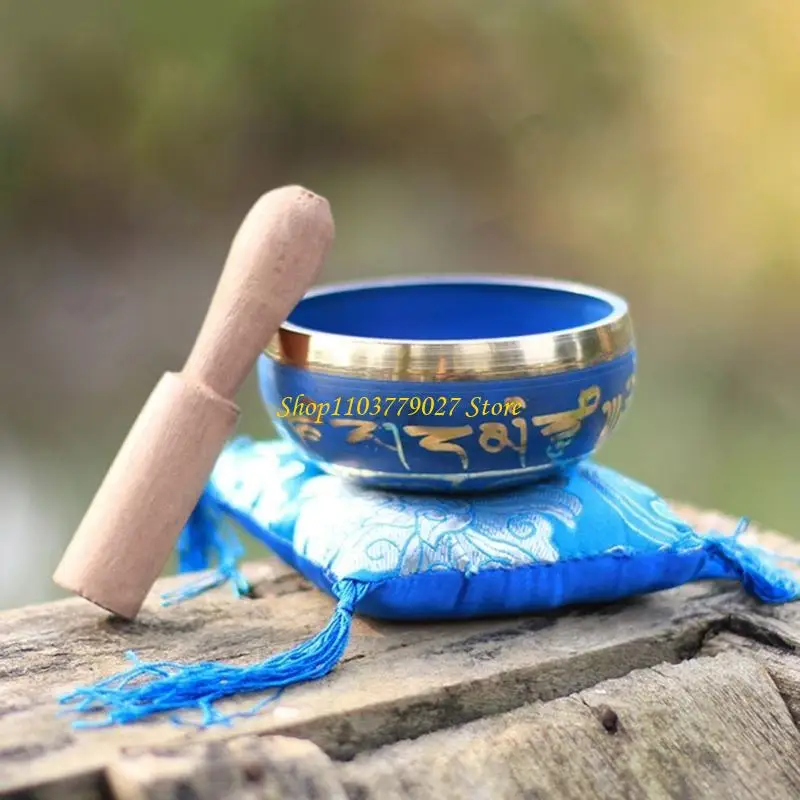 C4DF Nepal Tibetan Blue Buddhist Bowl Mallet Set Meditation Singing Bowls for Home Bedroom Temple Yoga Studio Decoration