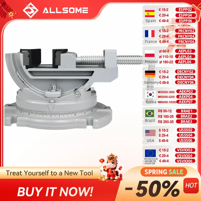 Allsome Étau inclinable à base pivotante de 3 po, étau de fraiseuse, étau de fraisage à 3 voies (pivotant, inclinable, étau d'angle) pour perceuse à colonne