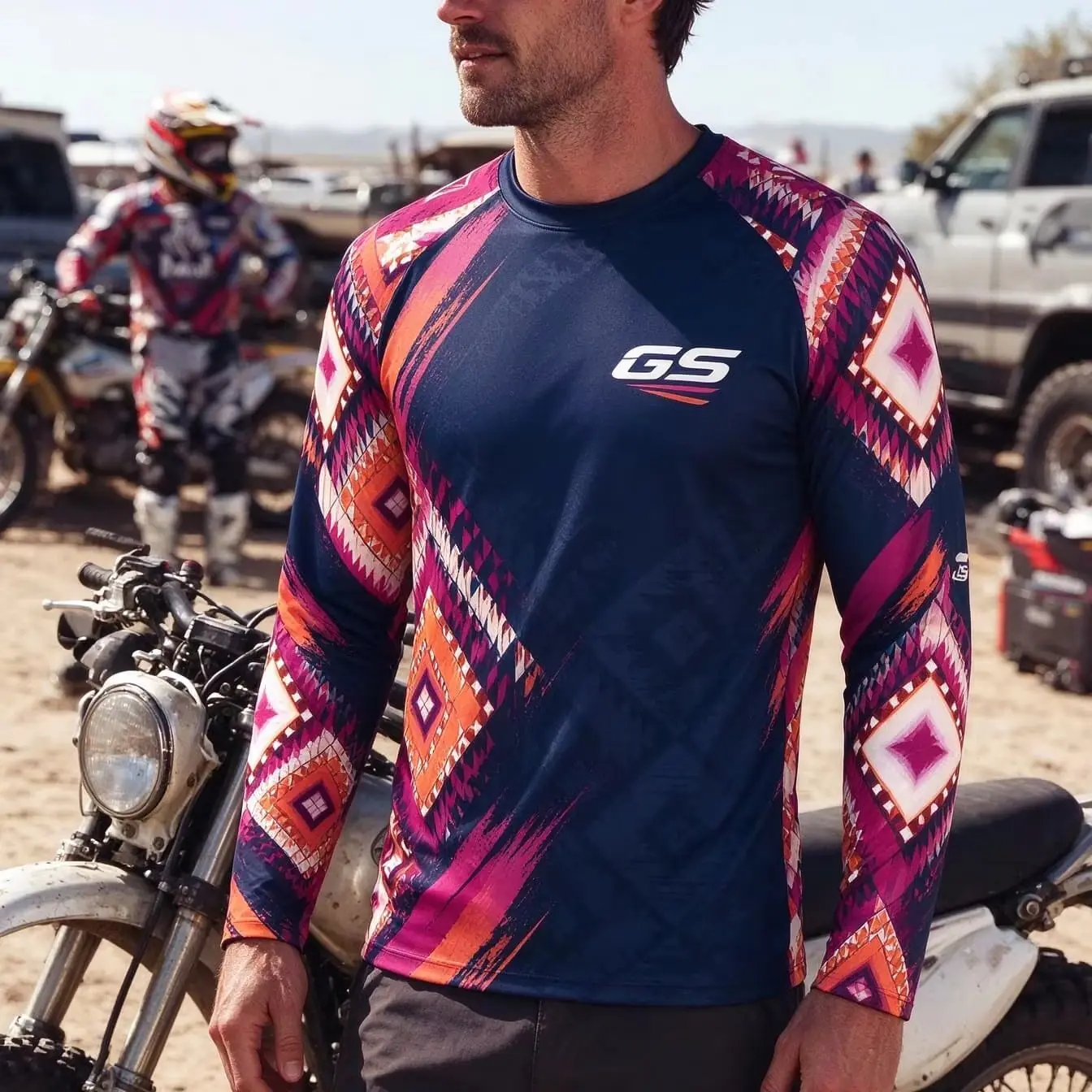 GS Mens Long Sleeve Motocross Jersey Summer Unisex Navy Pink Geometric Motorcycle Racing Shirt Trail Dirt Bike Riding Sportswear