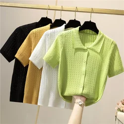 2024 Knitting Women's Ribbed Button Up Polo Shirt Female Chic Solid Short Sleeve Green Top Hollow Out Tees Purple Clothing ZL405