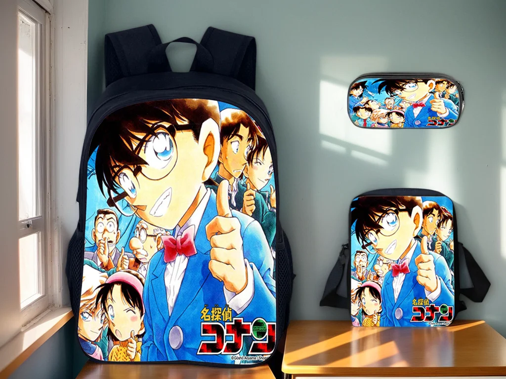 3 in 1 Knapsack Set-Fashion Boys Conan Waterproof Backpack+Canvas Side Bag+Pencil Box for School