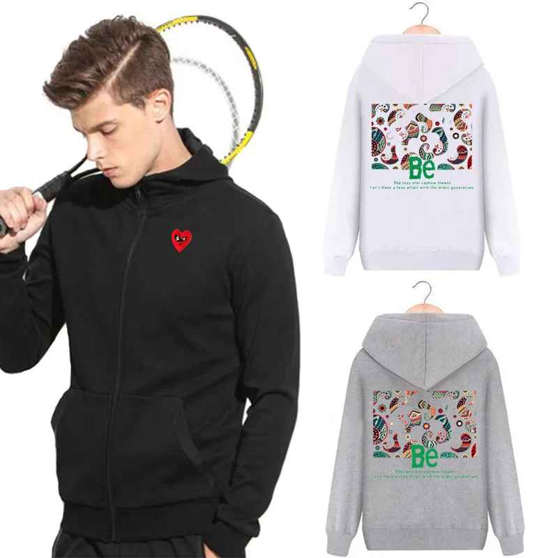 

Break Egg Hoodie Men Women Cotton Heart Glasses Embroidery Back Conch Ocean Style Printing Zipper Pocket Loose Fleece Sweater