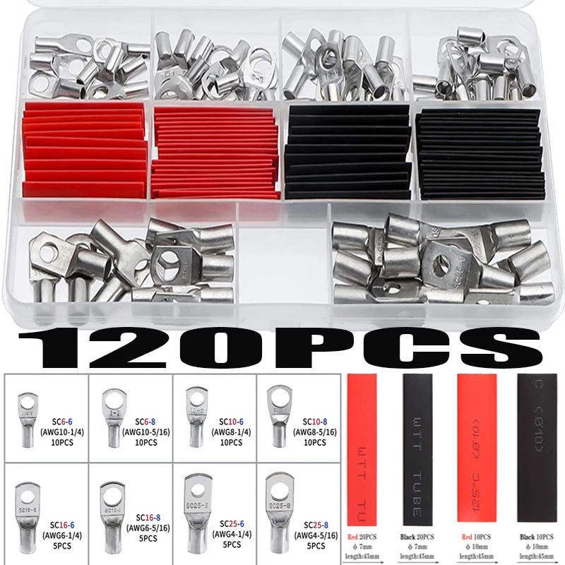 

120PCS 6-25mm² Multi-size Terminals Battery Wire Welding Cable Connectors Kit Bolt Hole Tinned Cable Lugs+Heat Shrink Tube