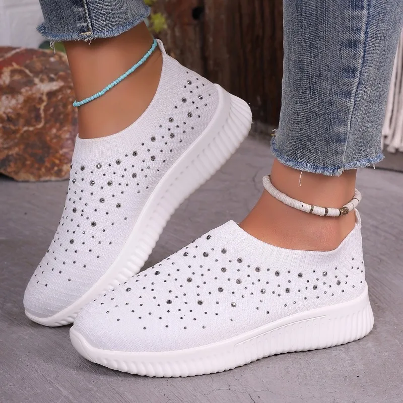 Shiny Crystal Platform Sneakers Women Light Breathable Knitting Sports Shoes Woman 2024 Soft Bottom Non-slip Flats Plus Size 43