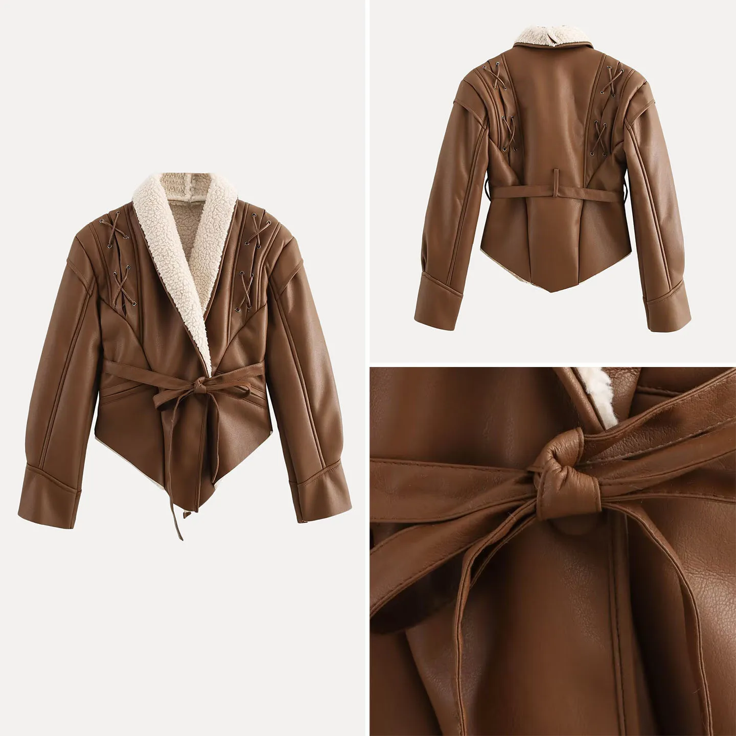 

Faionable Unconal Belted Waistcoat Jaet for Women Spring Autumn Season Long Sve ort Length Leather Jaet