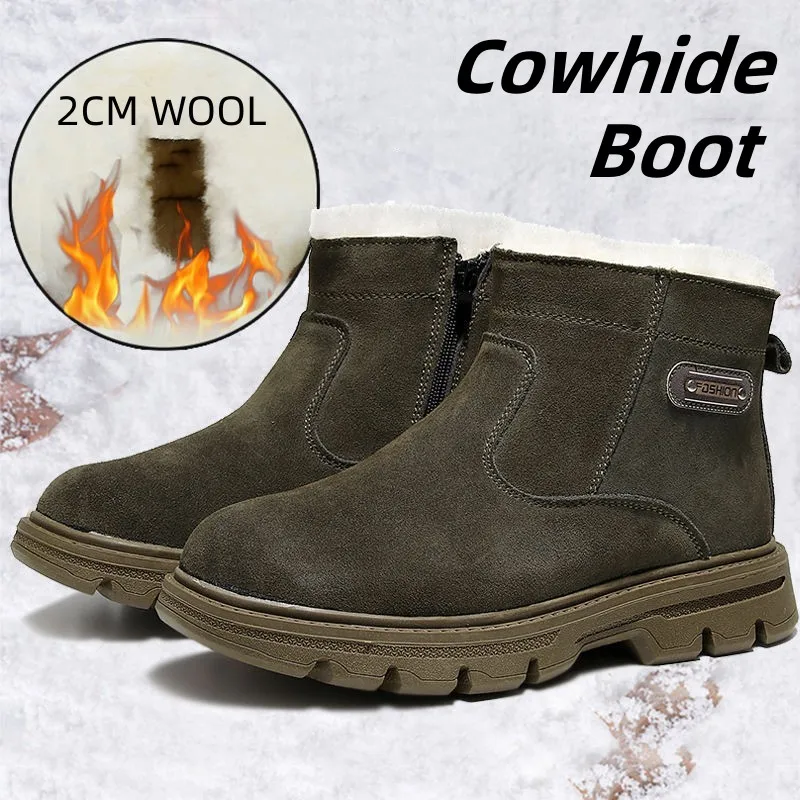 

Fashion Men's Cowhide Waterproof Boots Warm Wool Fur Winter Boot Snow Hiking Outdoor Walking Shoes Wear-resistant Non-slip Shoe