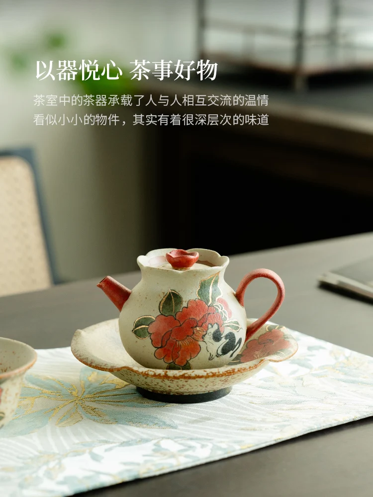 Blue and White Fire Stone Red Ceramic Teapot Creative Pure Hand Drawing Cat Camellia High-End Set