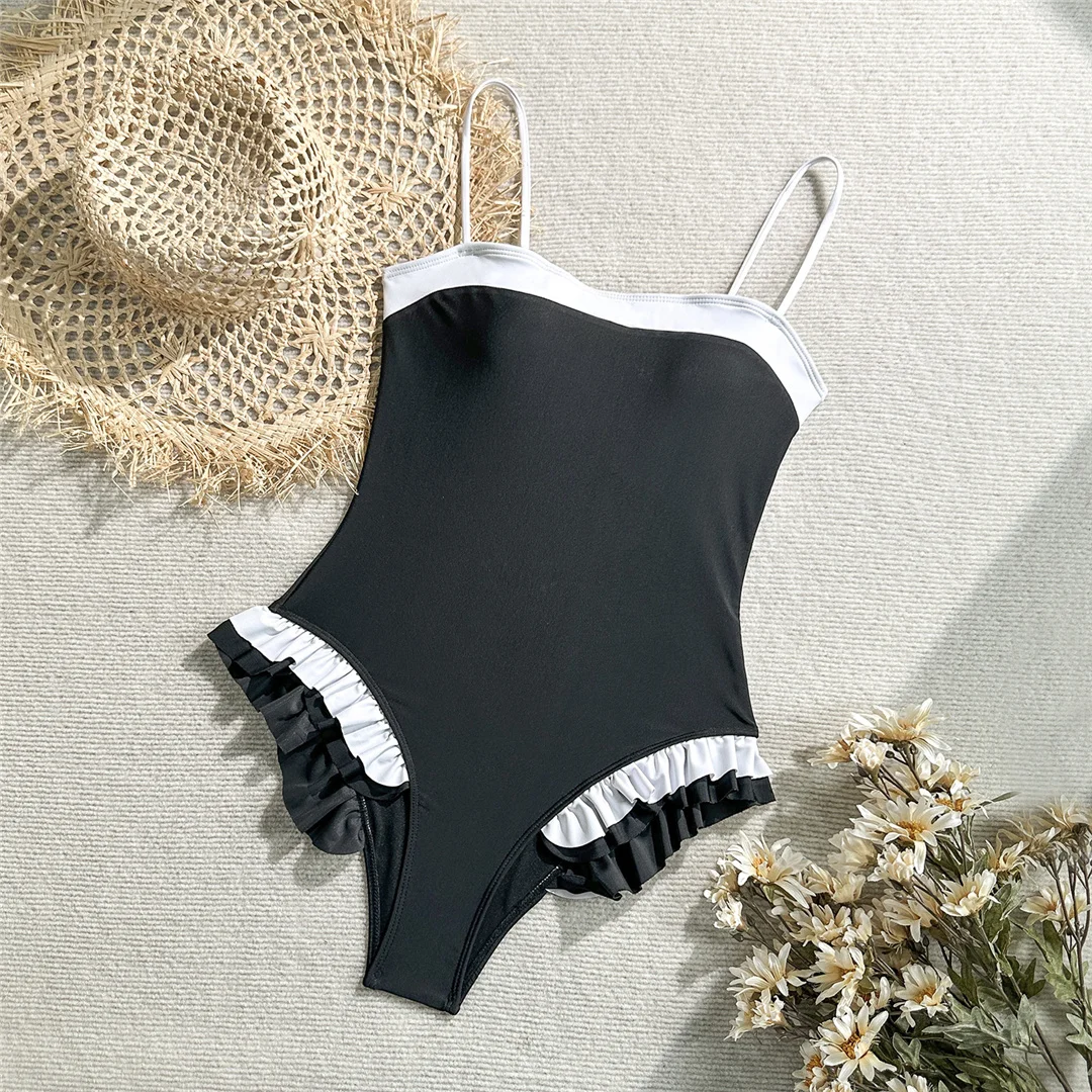 Rüschenbesetzter, einteiliger Badeanzug mit Raffungen, Damen-Badebekleidung, Monokini, hoher Beinausschnitt, gepolsterter Badeanzug, Badebekleidung, Modell V7414. – Detail 7