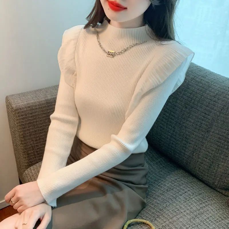 

Korean Fashion Autumn/Winter Sweaters Women's Solid Mock Neck Chain Ruffles Temperament Long Sleeve Bottoming Shirt Knitted Tops