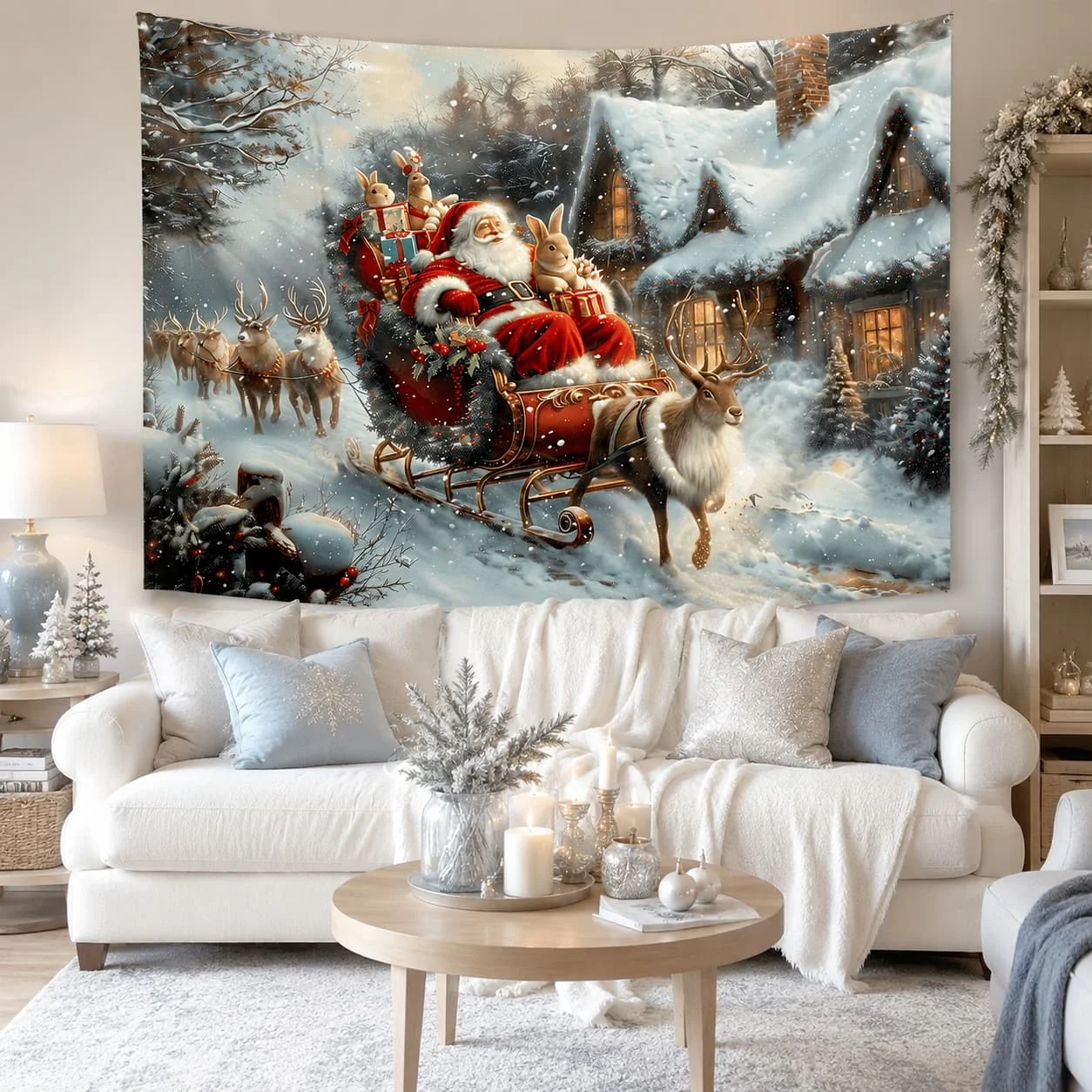 Santa on Sleigh Wall Tapestry - Snowy Town Landscape, Polyester Christmas Decor for Living Room