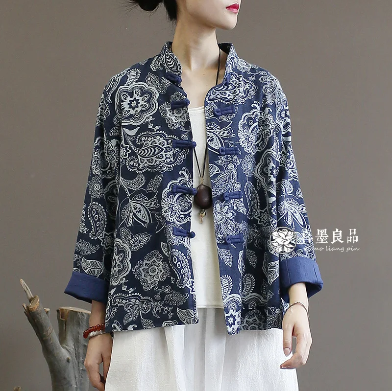 2025 New Arrival Spring Women Good Quality Cotton Linen Outerwear & Coats Loose Casual Print O-neck Single Breasted Jackets Y168