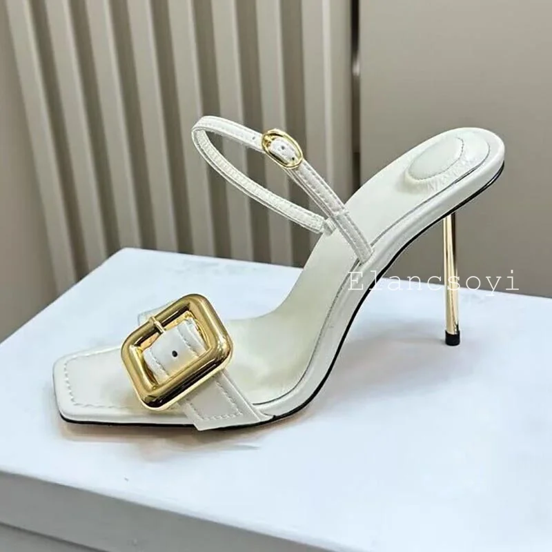 Summer Genuine Leather Metal Buckle Open Toe Sandals Women Solid Color Back Strap Slim Heel Sandalia Party Banquet Dress Shoes