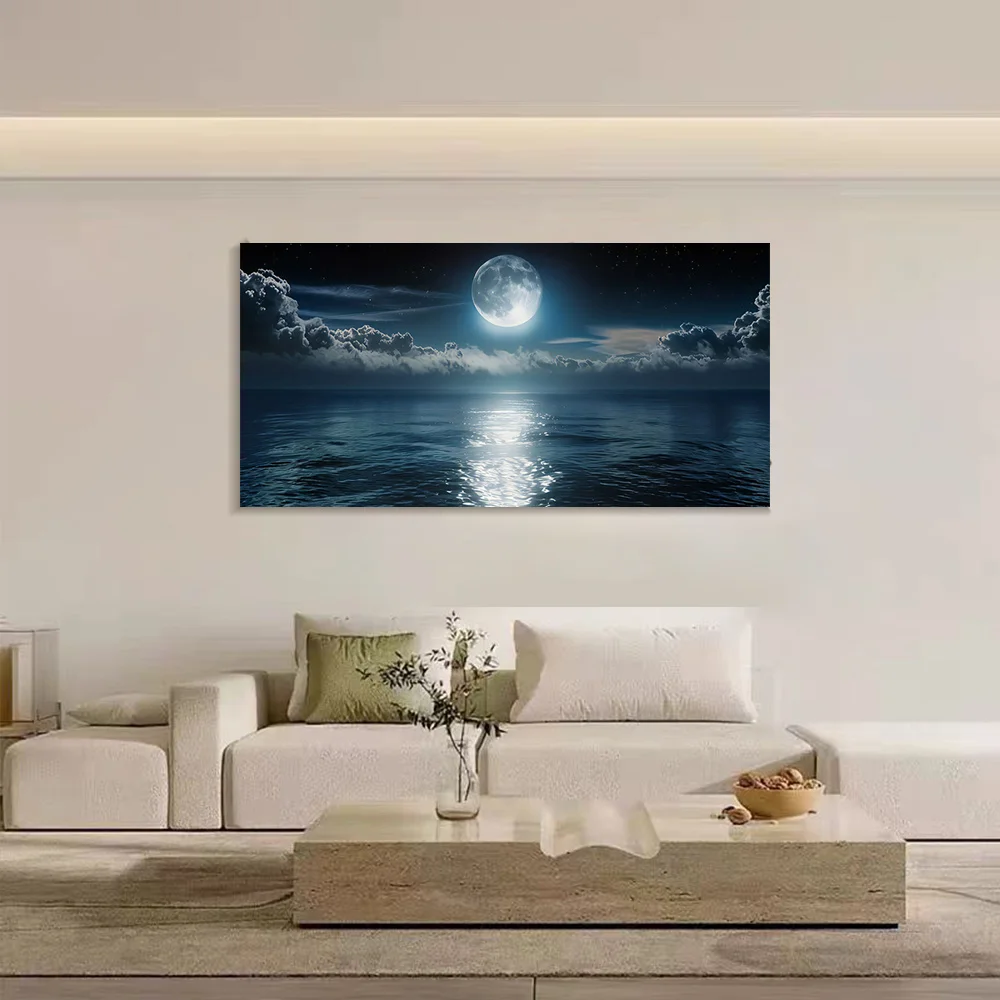 No Frame Moon Over The Sea Canvas Paintings - Starry Sky Seascape Wall Artwork, Night Sky Seascape Print Poster, Home Decor, Wal