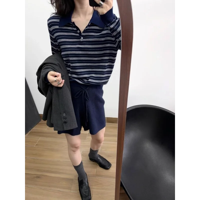 레트로 컬러 블록 스트라이프 버튼 긴 소매 니트 스웨터 여성 봄 우아한 겉옷 탑