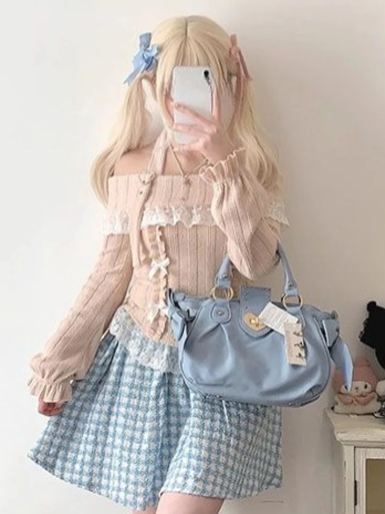 Outono inverno doce renda camisa de malha feminina um ombro pendurado pescoço japonês doce estética vintage manga longa topos novo
