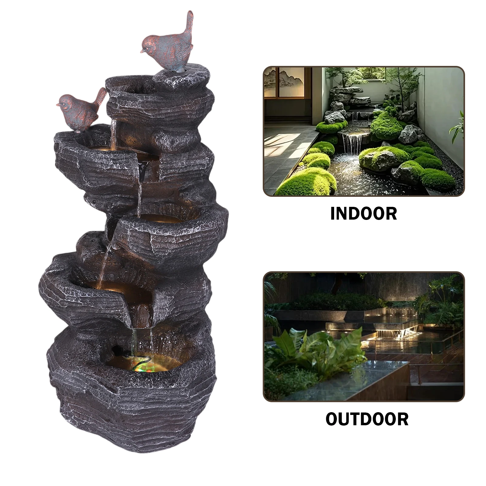 شلال صخري متتالي من 5 طبقات مع أضواء LED نافورة أرضية من الحجر الصناعي لحديقة الفناء الخلفي والشرفة وديكور فني منزلي