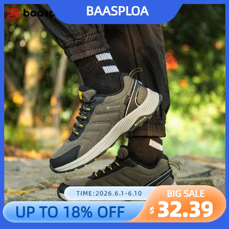 Baasploa Hiking Shoes Men Outdoor Climbing Lace-Up Sneakers Male Anti Splash Water Casual Wear-Resistant Non-slip Walking Shoes