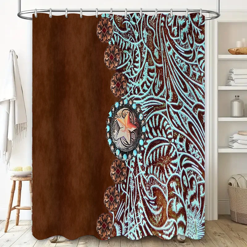 Rustic Western Shower Curtain Teal Turquoise Southwestern Cowgirl Farmhouse Bathroom Decor Vintage Floral Print Backdrop