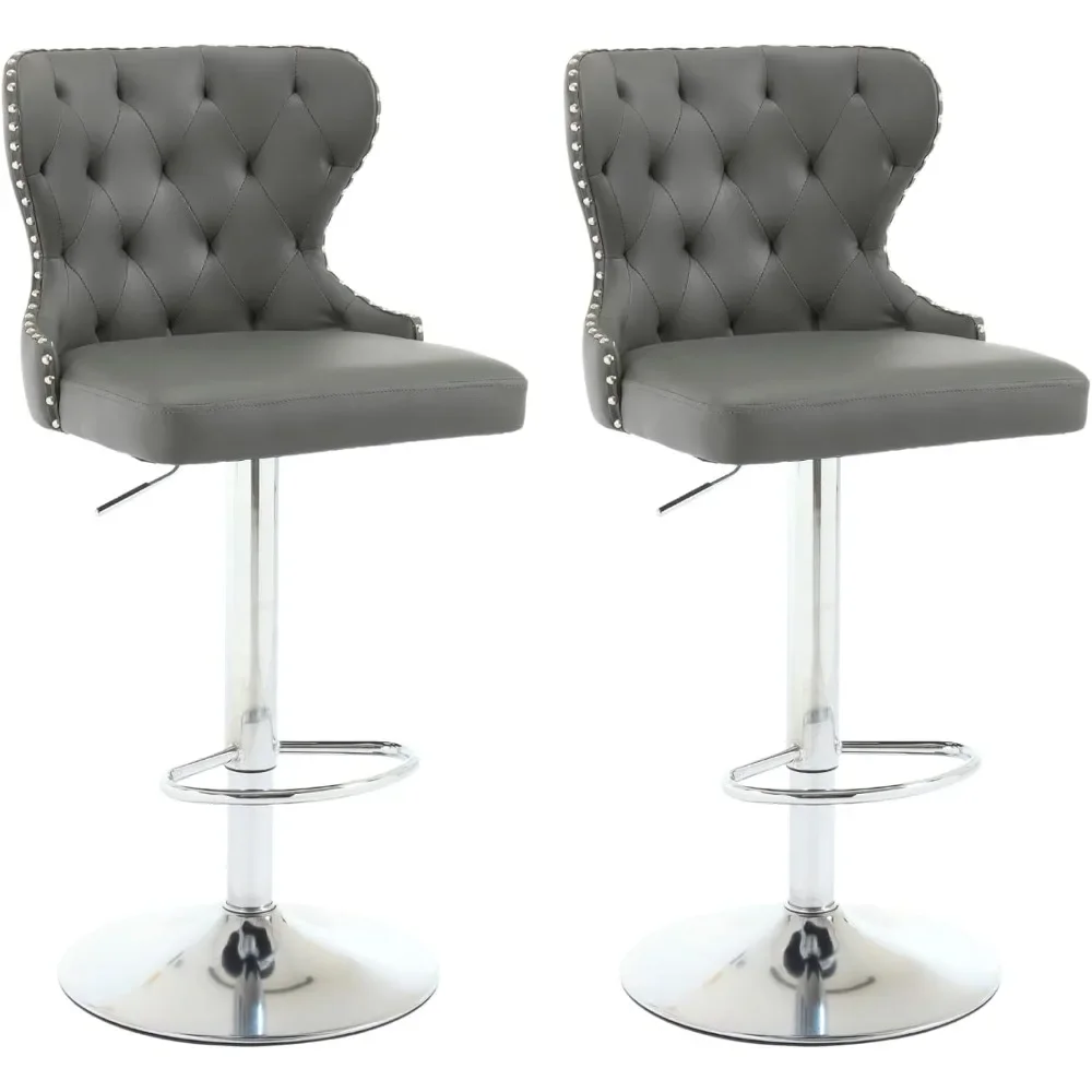 

Set of 2 Adjustable Swivel Bar Stools,PU Leather Upholstered Counter Height Chairs with Nailhead Trim, Silver Footrest,