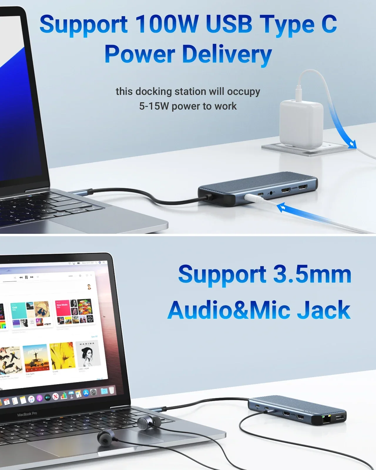 MOKiN 8K HDMI USB C, stasiun Dok Hub USB 3.1 10Gbps adaptor Hub tiga tampilan HDMI/VGA/DP PD3.0 100W untuk MacBook Pro Air PC