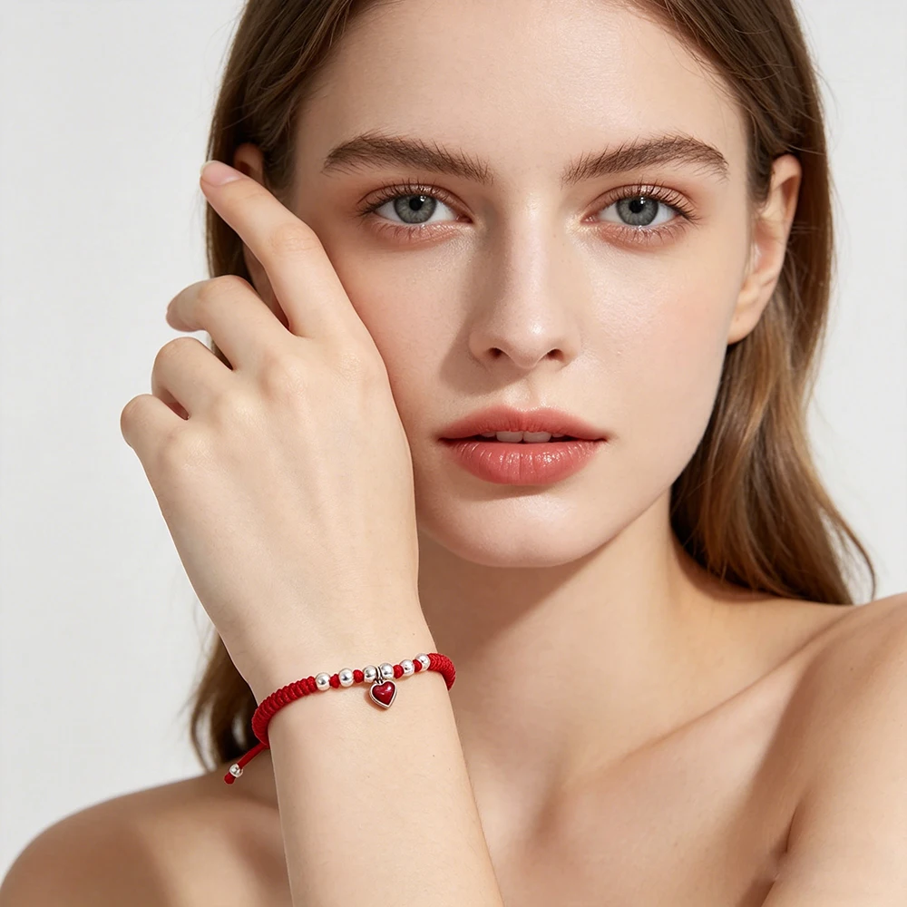 La Monada 925 Sterling Silver Red Braided Cord Heart Charm Adjustable Rope Bracelet Fine Wrist Jewelry For Women