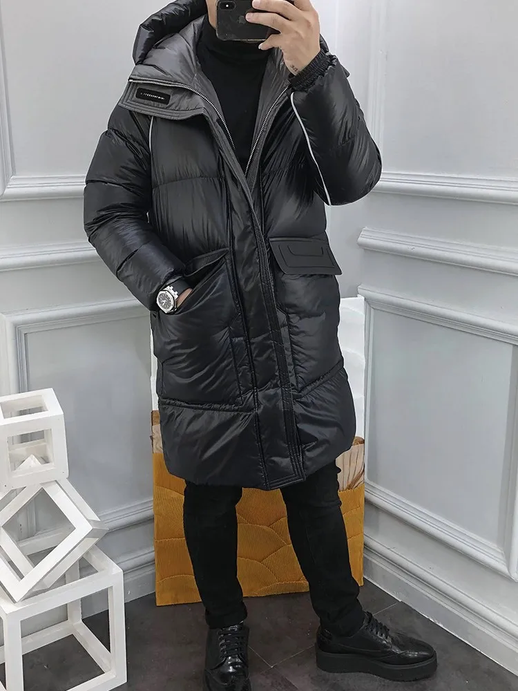 New Winter Mens Thicken Warm Medium Long Hooded Down Coat Stand Collar Zipper Fashion Casual Jacket Male High Street Overcoat