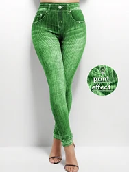 Plus Size Faux Denim Leggings with Chic Line Pattern Trendy High-Stretch Knit Pants Fashionable & Comfortable