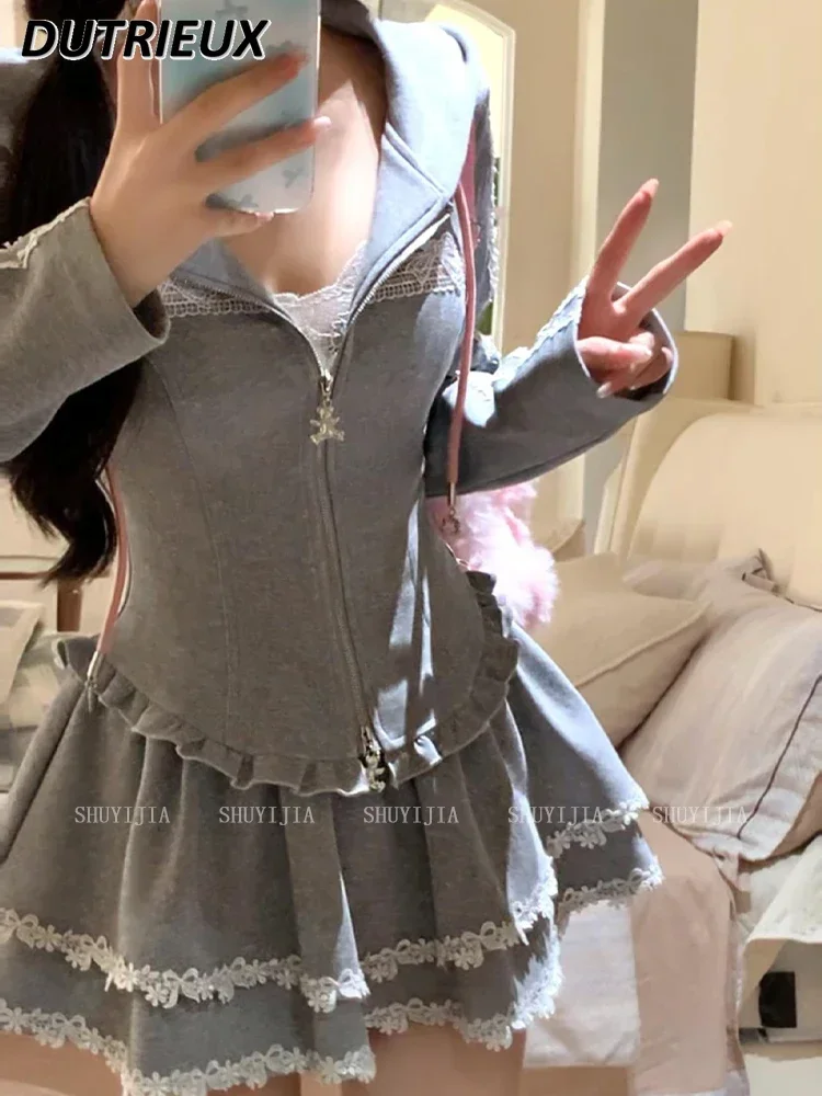 Spring and Summer New French Pure Desire Sweet Girl Hooded Top Long Sleeve Gray Coat Casual Fluffy Short Skirt Outfits