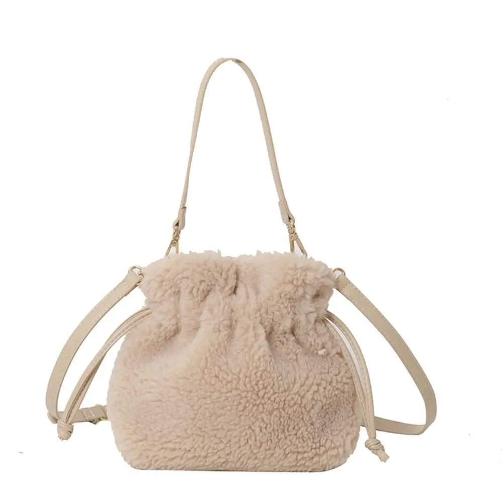 

Fashion Lambswool Women Handbags Large Capacity Tote Bag Niche Designs Solid Color Drawstring Bag Autumn and Winter