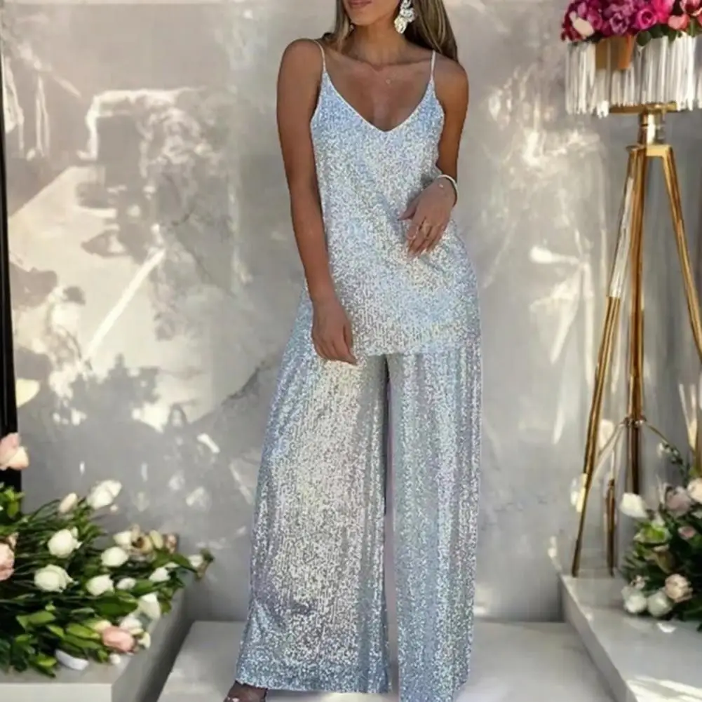 

Women Two Piece Set Sparkling Sequin Two-piece Set for Women Scoop Neck Cami Top Wide-leg Pants Elegant Evening Party Dressy