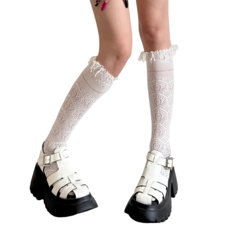 

Floral Pattern Socks For Women Mesh Fabric Tassels Knee Length Socks