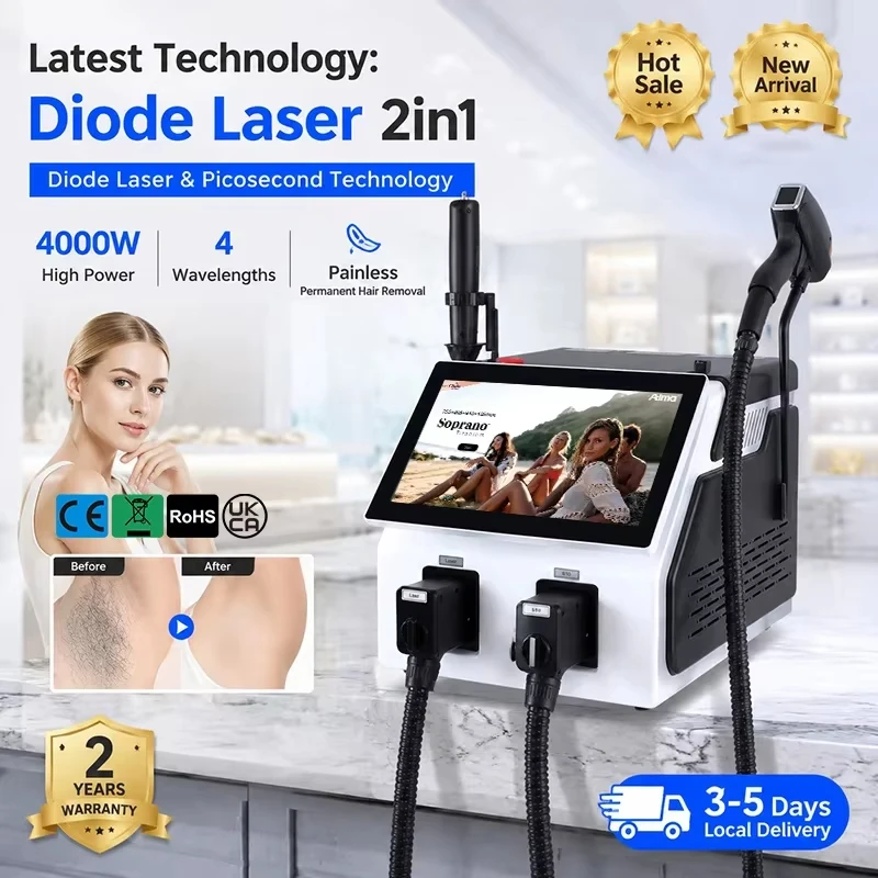 Latest Model 2IN1 5000w 808nm Diode 4 Waves Laser ND:YAG Pico Switch Machine Painless Hair Removal Machine Skin Care LCD Handle