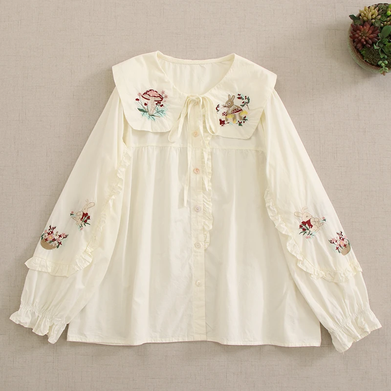 Sweet Mori Girl Kawaii Rabbit Flower Embroidery Cotton Shirts Women Spring New Japanese Peter Pan Collar Long Sleeve Casual Tops