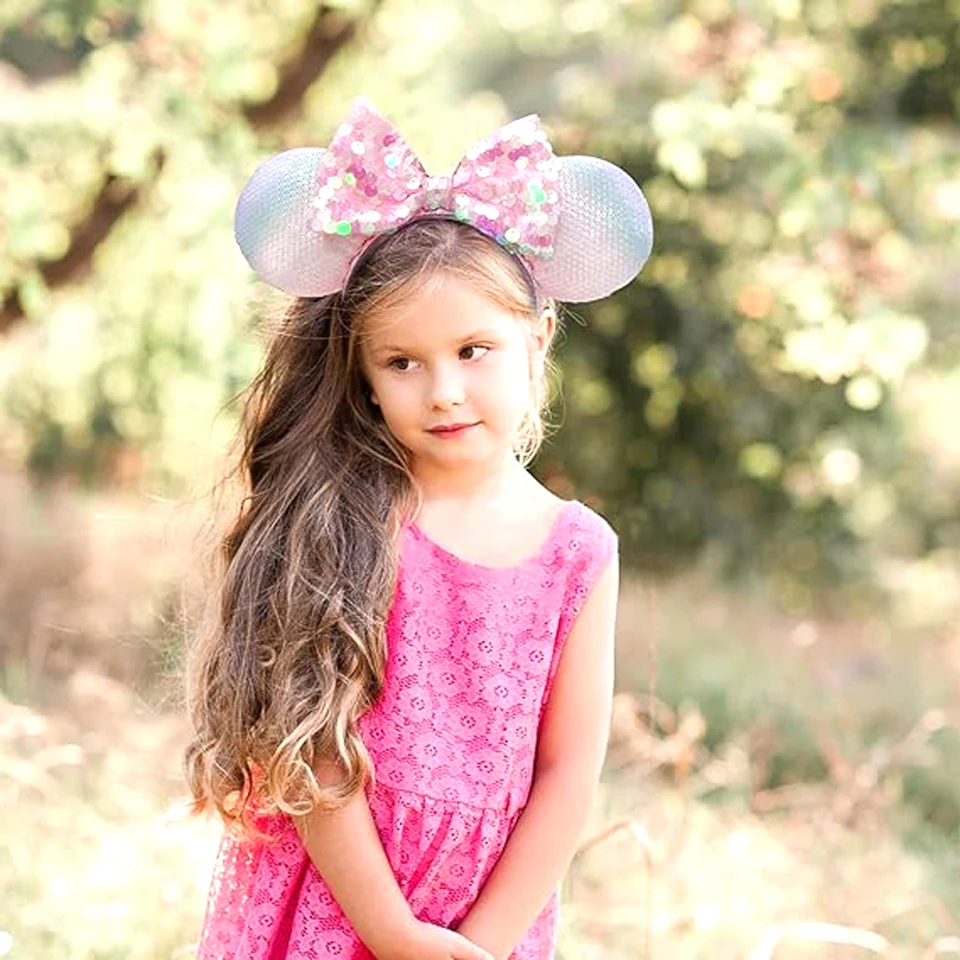 Mickey Mouse Ear Headbands Pink White Sequin Bow Hairbands  display picture 2